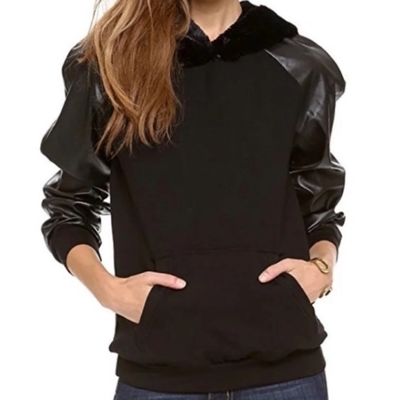 L’AGENCE FAUX LEATHER SLEEVE HOODIE - Picture 1 of 13